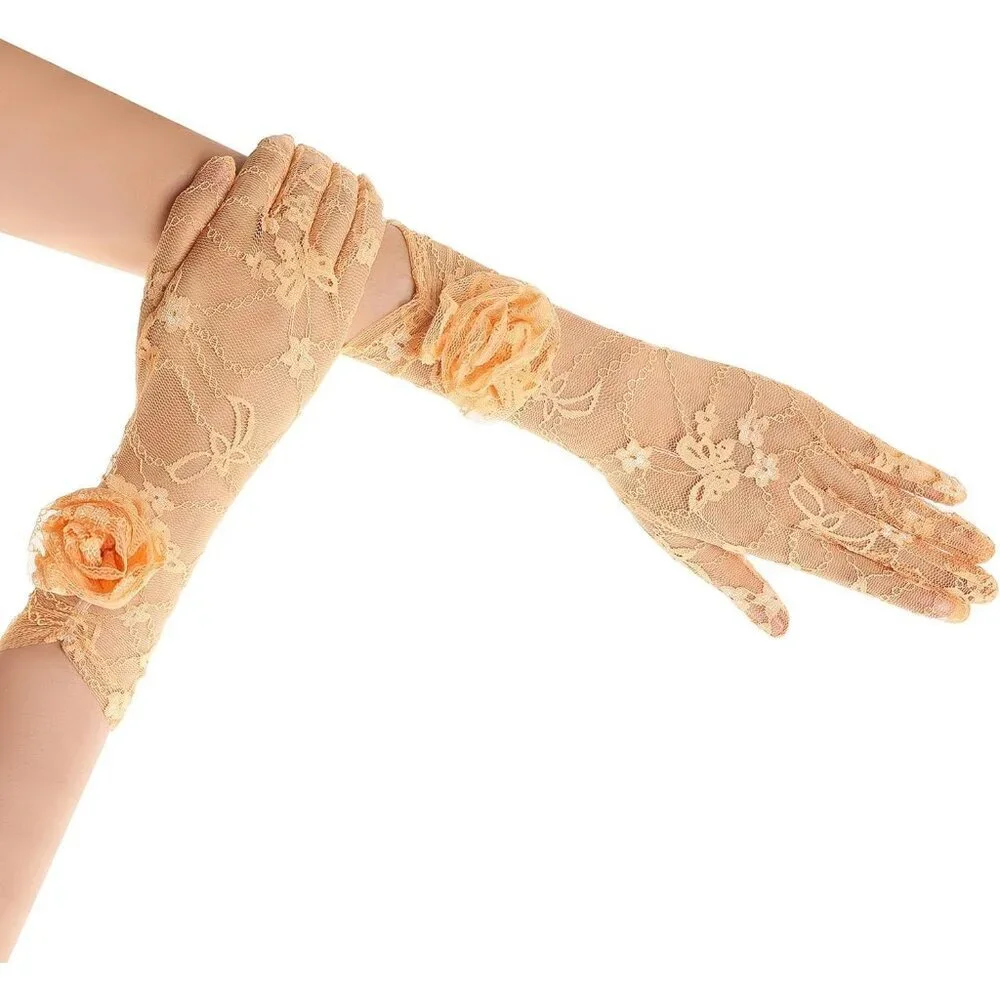 Women's Orange Floral Lace Opera Elegant Evening Party Prom Gloves Accessories